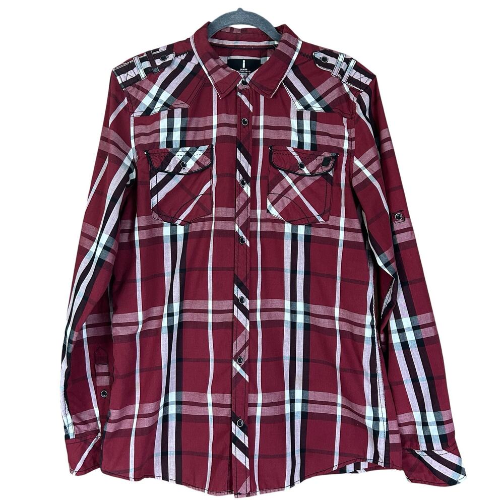 i Jeans by Buffalo Men Shirt Size L Burgundy Black White Plaid Roll Tab Sleeves